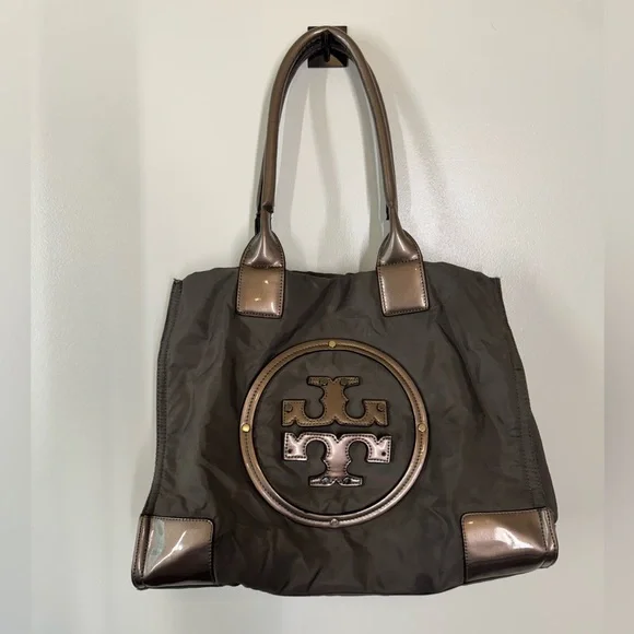 Tory Burch Ella Tote - Nylon Gray Bag with Large Logo - Picture 1 of 9
